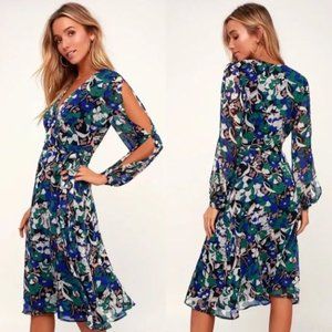 Lulu's Farrar Floral Print Long Sleeve Wrap Midi Dress Black Size Medium NWT